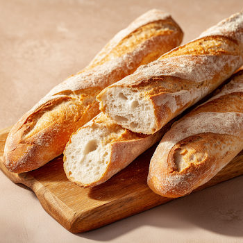 Freshly Baked French Baguettes on Wooden Board