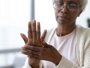Gentle Self-Care: Older Black Woman Massaging Hands