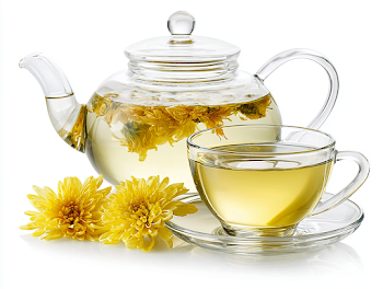 Golden Chrysanthemum Flower Tea in Clear Glass Teapot