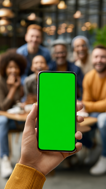 Happy Friends Group with Smartphone in Chroma Key Green Screen