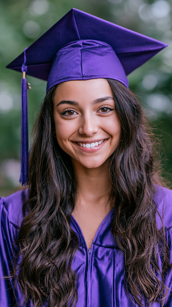 Happy Young Woman Graduation Portrait in Purple Cap and Gown