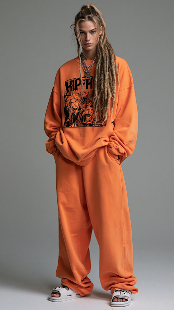 High-Fashion Androgynous Male Model in Orange Streetwear