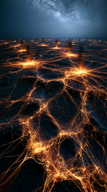 Illuminated Connection: Aerial View of Bioluminescent Figures in a Desert Night