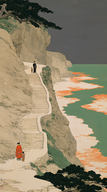 Journey of Mother and Child on a Hilltop Staircase