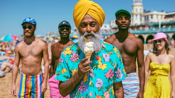 Joyful Beach Day with Friends: South Asian Man Enjoying Ice Cream