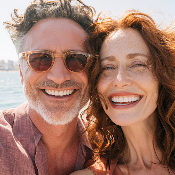 Joyful Beach Selfie of a Middle-Aged Hispanic Couple
