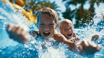 Joyful Kids Splashing on Water Slide at Family Resort