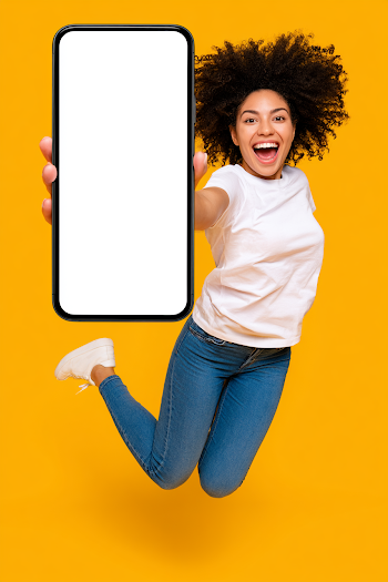 Joyful Woman Jumping with Smartphone on Vibrant Yellow Background