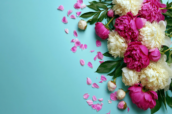 Lush Peony Floral Arrangement on Aqua Blue Background