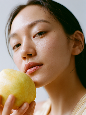 Luxury Fashion Portrait of Korean Woman with Pear