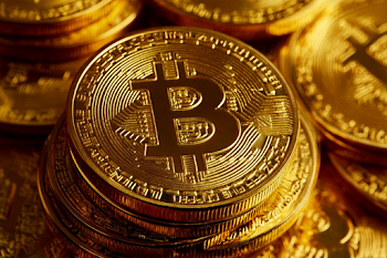 Macro Close-Up of Stacked Gold Cryptocurrency Coins