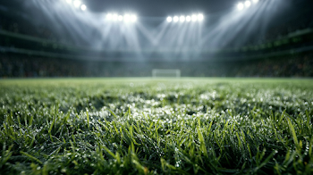 Macro View of Dew-Kissed Grass at Nightly Football Stadium