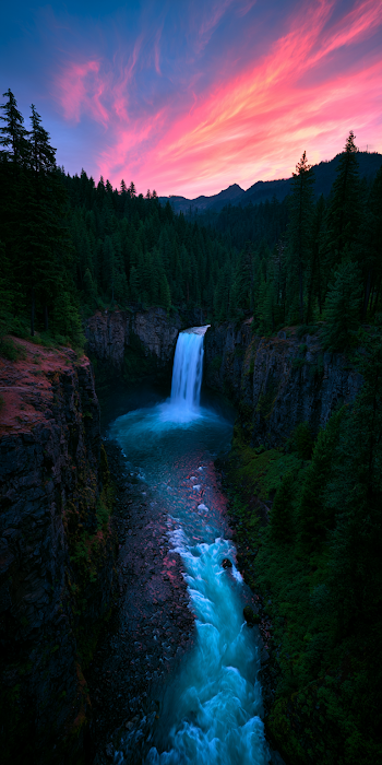 Majestic Waterfall at Sunset in Lush Canyon