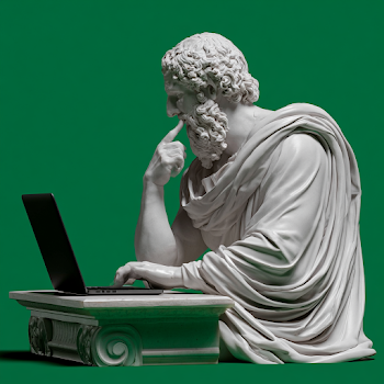 Marble Statue of an Ancient Greek Philosopher with Modern Laptop