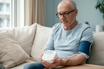 Mature Man Monitoring Blood Pressure at Home