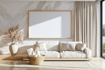 Minimal Modern Living Room with Light Marble Feature Wall