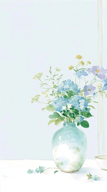 Minimalist Ceramic Vase with Soft Purple and Blue Flowers