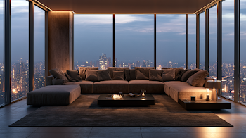 Modern Luxury Living Room with City Skyline View