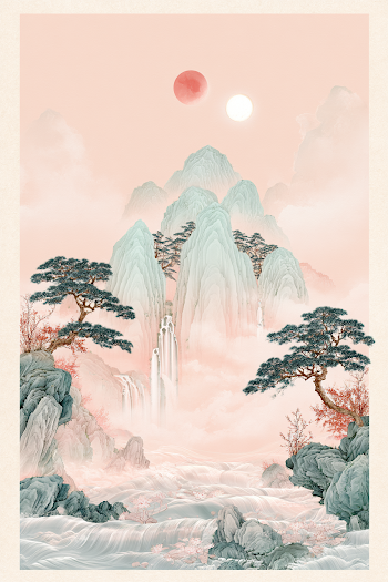 Pale Pink Korean Landscape Painting