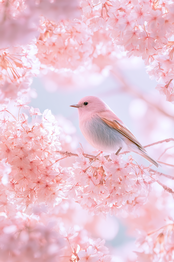 Pastel Pink Songbird Among Blooming Cherry Blossoms