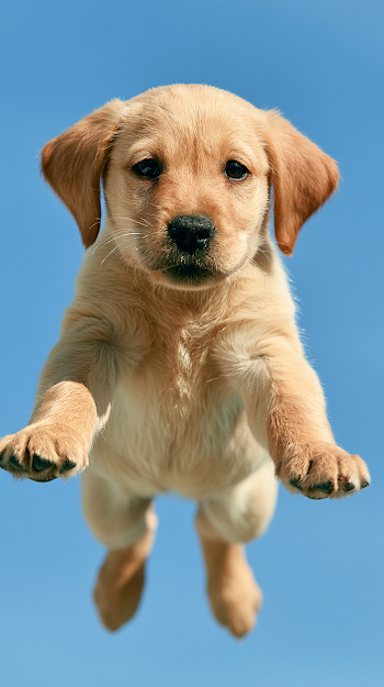 Playful Golden-Yellow Puppy Soaring Through the Sky