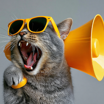 Playful Gray Tabby Cat With Yellow Sunglasses and Megaphone