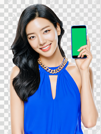 PNG Cheerful Korean Woman with Smartphone and Green Screen