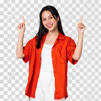 PNG Cheerful Young Asian Woman in Bright Orange Shirt