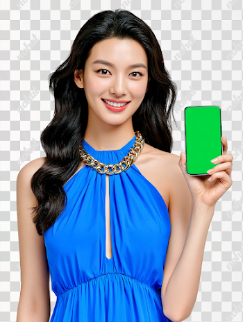 PNG Cheerful Young Korean Woman Holding Smartphone with Green Screen