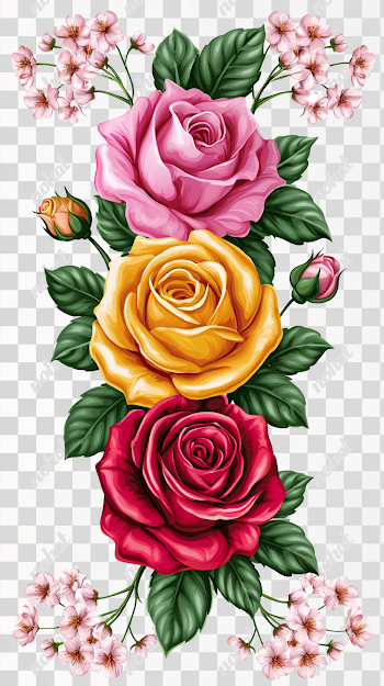 PNG Colorful Vertical Floral Illustration with Roses and Cherry Blossoms
