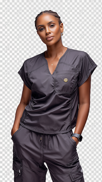 PNG Confident Latina Woman in Charcoal Gray Medical Scrubs