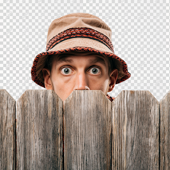 PNG Man Peeking Over Weathered Wooden Fence