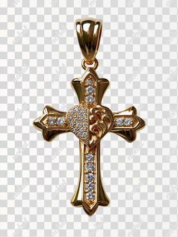 PNG Yellow Gold Gothic Cross Pendant with Heart Emblem