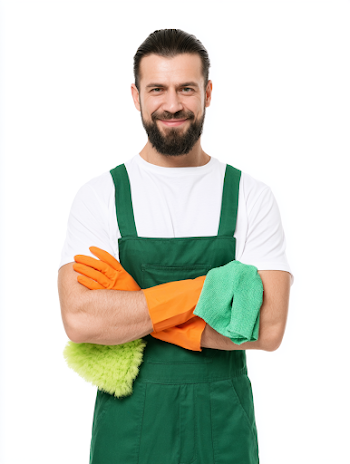Professional Male Cleaner with Tools in Studio Portrait
