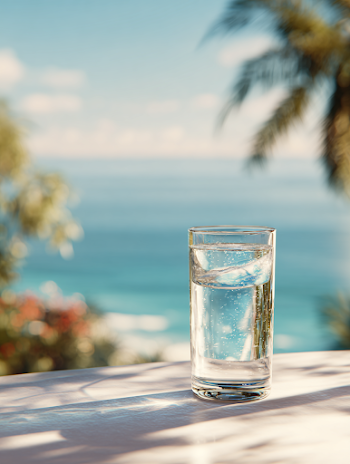 Refreshing Glass of Water in a Tropical Paradise