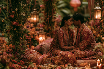 Regal Indian Wedding Portrait in a Flower-Filled Garden