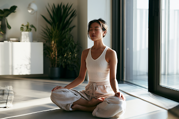 Serene Asian Woman Practicing Yoga in Minimalist Living Room
