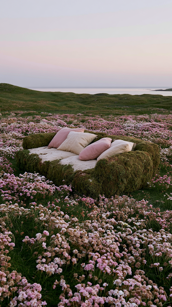 Serene Outdoor Sofa Surrounded by Wildflowers