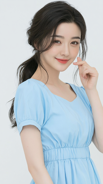 Serene Young East Asian Woman in Pastel Blue Dress