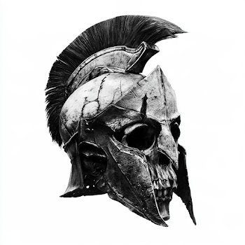 Skull with Spartan Helmet - High Contrast Black and White Art