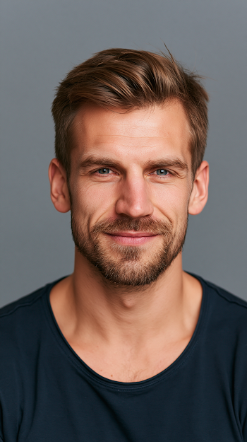 Smiling European Male in Minimalist Navy Shirt