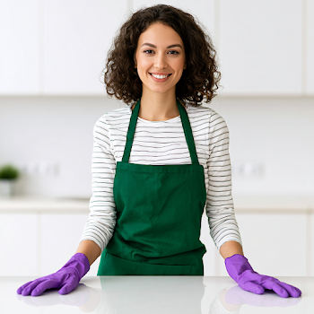 Smiling Woman in Modern Kitchen with Cleaning Gear