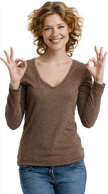 Smiling Woman Making OK Gesture in Casual Outfit