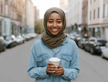 Smiling Young Woman in Hijab Enjoying Coffee on a City Street