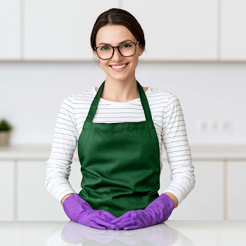 Smiling Young Woman in Modern Kitchen with Cleaning Supplies