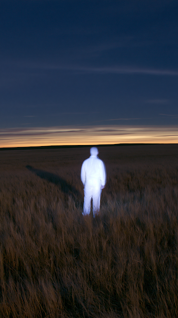 Solitary Luminous Figure in Wheat Field at Dusk