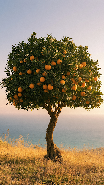 Solitary Orange Tree on Mediterranean Hilltop