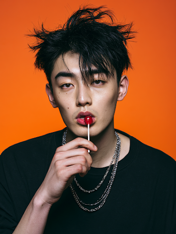 Stylish Korean Male Fashion Portrait with Lollipop