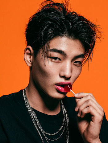 Stylish Korean Male Model Portrait with Lollipop