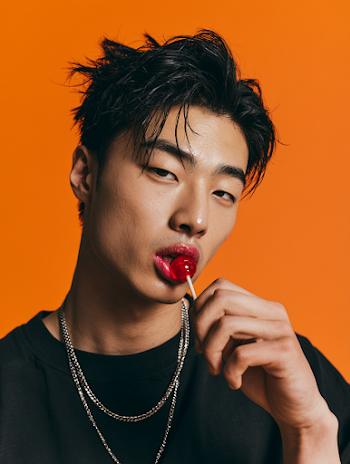 Stylish Korean Male Model Portrait with Lollipop